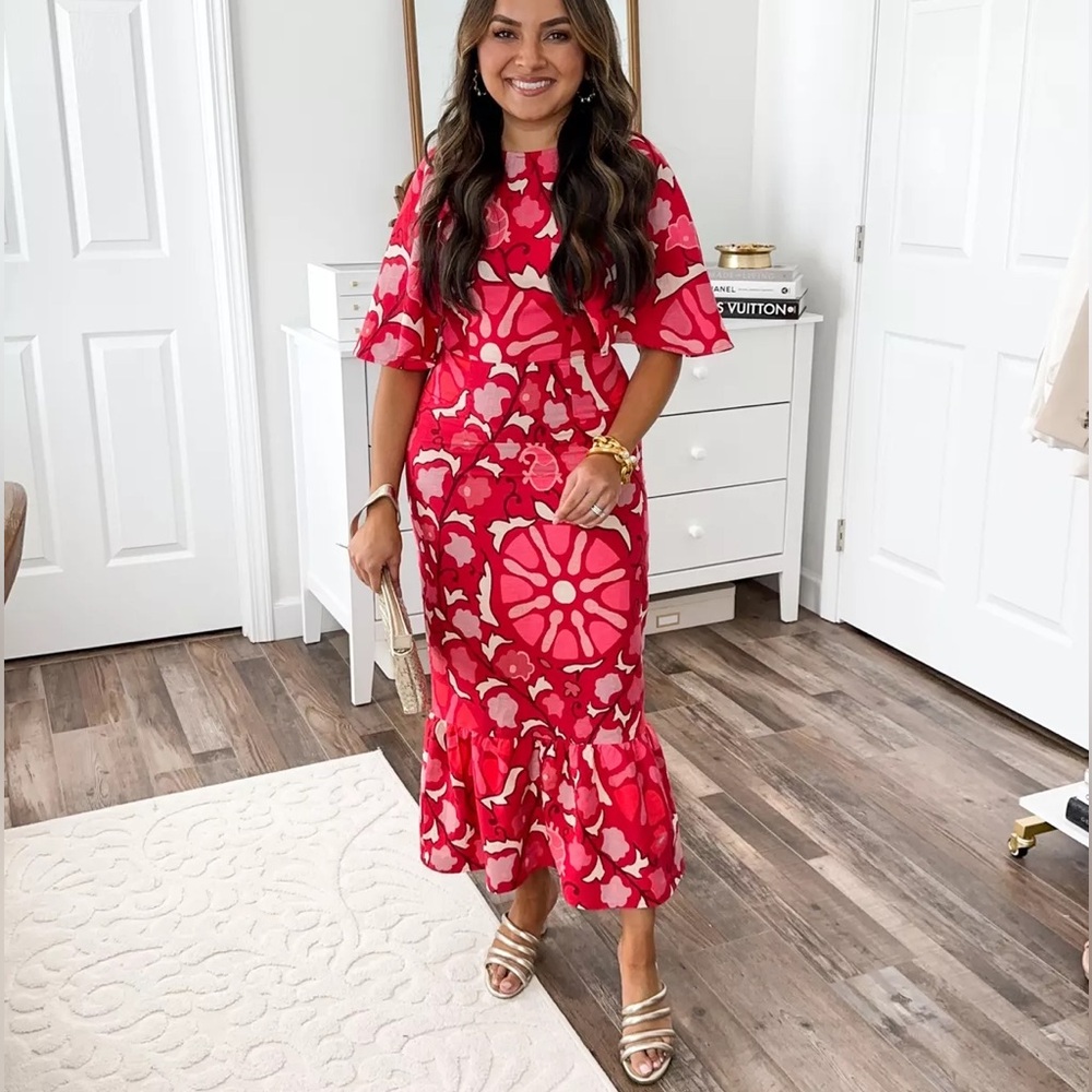 Rhode x Target Zinnia Floral Print Bell Sleeve Midi Dress in Red/Pink Size 4